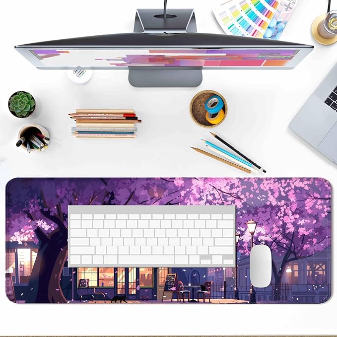 Japanese Purple Cherry Blossoms and Cat Gaming Desk Mat, Extended Large Romantic Street Scene Aesthetic Mouse Pad, Computer Keyboard Laptop Mousepad for Work, Office and Home, XL