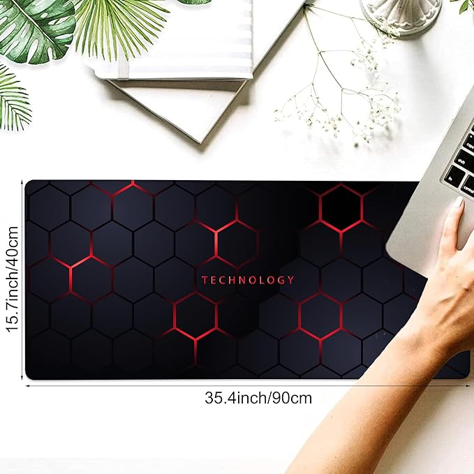 Desk Pad, Black and Red Honeycomb Hexagons Technology XXL Gaming Mouse Pad with Stitched Edges,Non-Slip Waterproof Rubber Base Large Desk Mat for Keyboard and Mouse 35.4"x15.7"
