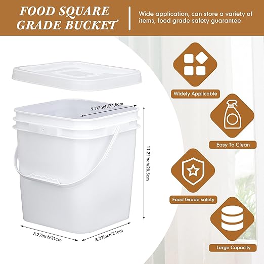 Mumufy 10 Pcs 3.5 Gallon Square Food Grade Bucket with Lid Plastic Pail with Handle and Lid Square Buckets for Storing Dry Food Charcoal Camping Fishing(White)