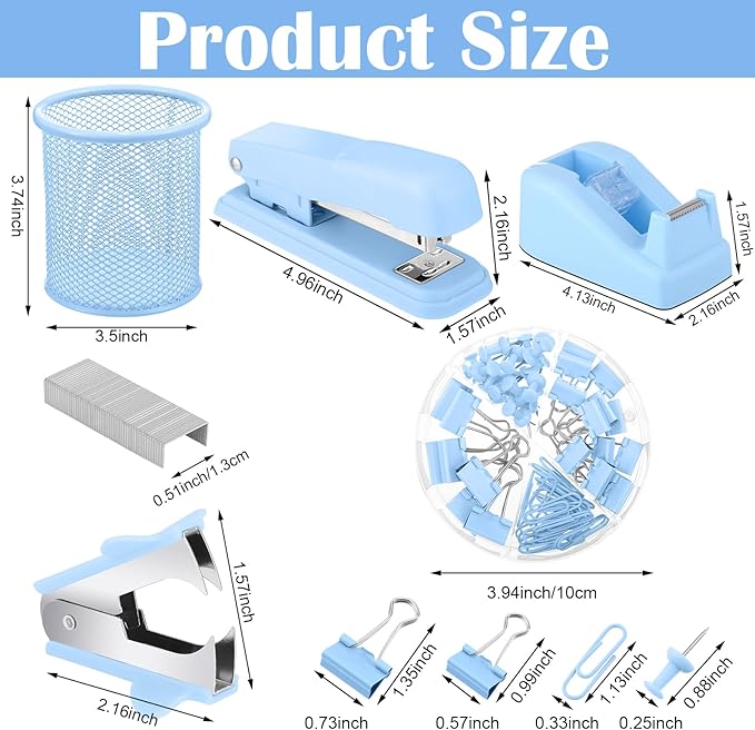 13-in-1 Desk Accessories - Blue Office Supplies with Blue Stapler, Tape Dispenser, 1000 Staples, Scissors, Pen, Pen Holder, Tabs, Ruler, Clips