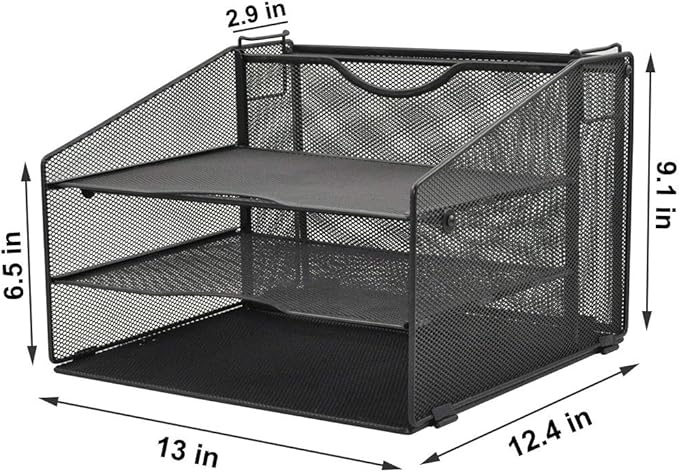 EASEPRES Mesh File Organizer, Desktop Hanging File Holder with 3 Paper Letter Tray and 1 Vertical Upright Compartment, Black