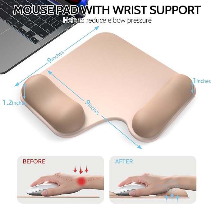 Ergonomic Mouse Pad with Gel Wrist Rest (1"& 1.2" Dual Height) - Mouse Pads Compact Mousepad Desk Mat Office, Gaming & Carpal Tunnel Relief | Non-Slip Rubber Base| Light Coffee Color