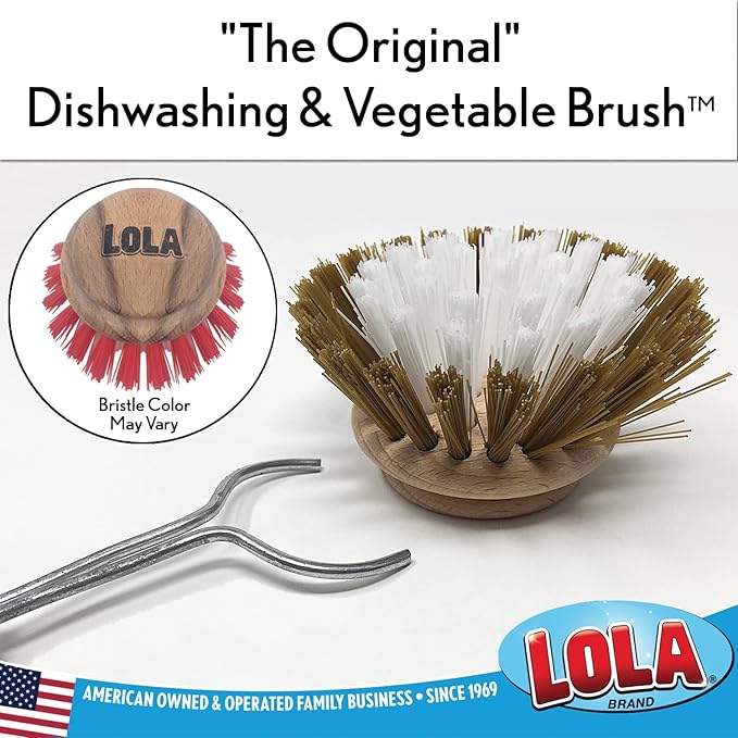 LOLA Replacement Head for The Original Dishwashing & Vegetable Brush, Birch Hardwood & Nylon Poly Bristles, Reusable & Washable - 1 Pack