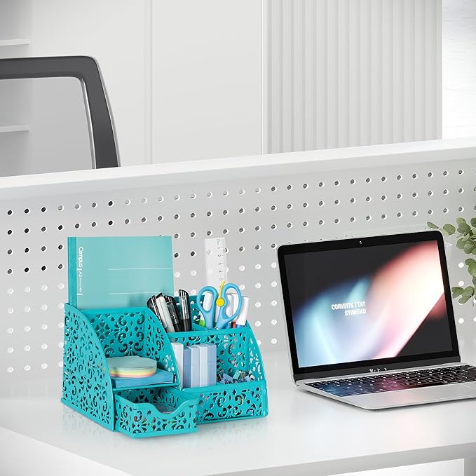 EasyPAG Desk Organizer with Sliding Drawer - 6 Compartments Metal Desktop Caddy, Decorative Elegant Hollow Flower Design, Anti-Scratch Pads for Home, Office, School, Dark Teal