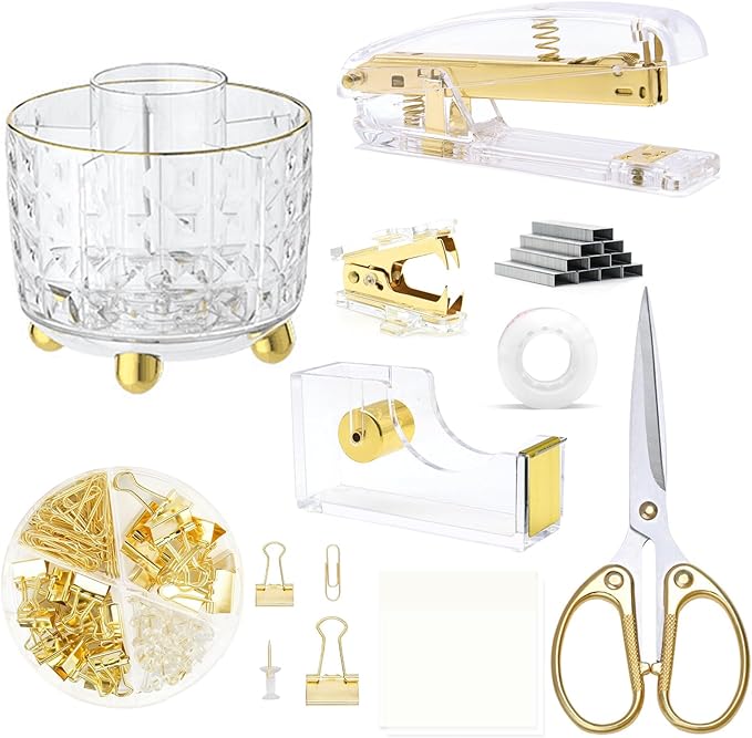 Gold Desk Accessories, UPIHO Rotating Pen Holder Set,Gold Office Supplies with Stapler and Tape Dispenser Set, Gifts for Office Clerks,Student