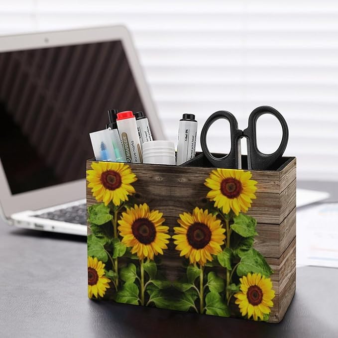 Pen Holder, Pencil Holder for Desk Organizer, Summer Wooden Sunflower PU Leather Pencil Cups Desktop Stationery Storage Makeup Brush Holder Pen Organizer for Office Home