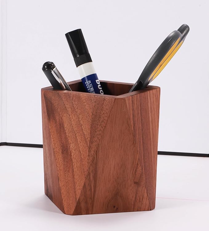 Black Walnut Wooden Desk Organization Pen Holder, Stationary Pen Organizer Dual-Purpose Art Supply Pencil Cup Holder for Office, School, Home