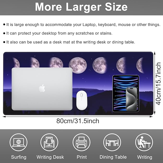 Mouse Pad, Large Moon Phases and Mountain Forest Desk Mat, Extended Non-Slip Gaming Keyboard Mousepad Desk Pad, Thick Stitched Edges Waterproof Mouse Mat 31.5"x15.7" (Moon Phase Changes)