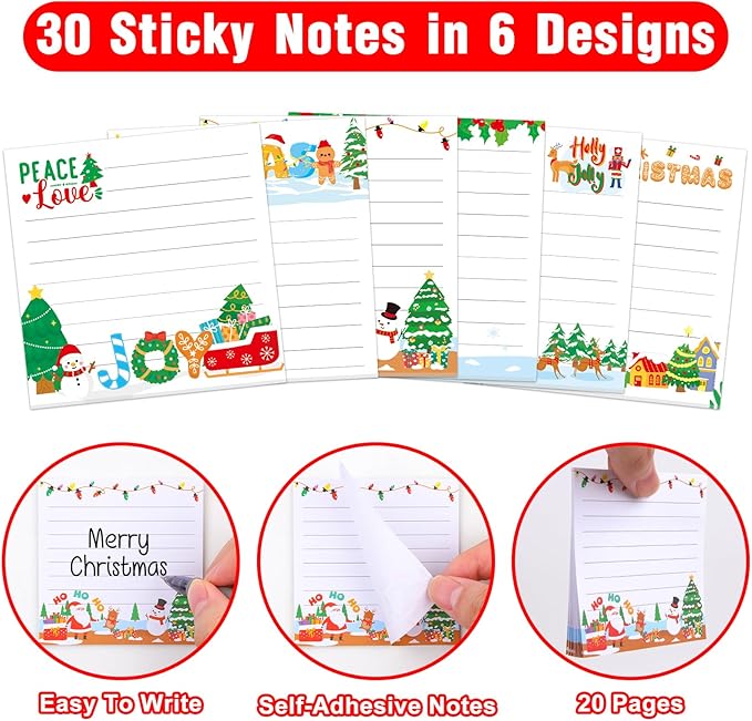 30 Pack Christmas Sticky Notes - 600 Sheets Holiday Memo Notes for Message Reminder Gifts School Office Students Teachers Presents