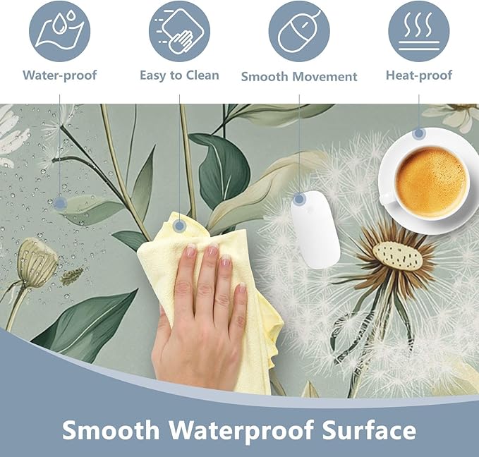 Mouse Pad Desk Mat Leather Desk Pad Large Gaming Desk Cover Protector Mat for Keyboard Computer Laptop Office Waterproof 47.2 x 23.6 Inch Sage Green Dandelion