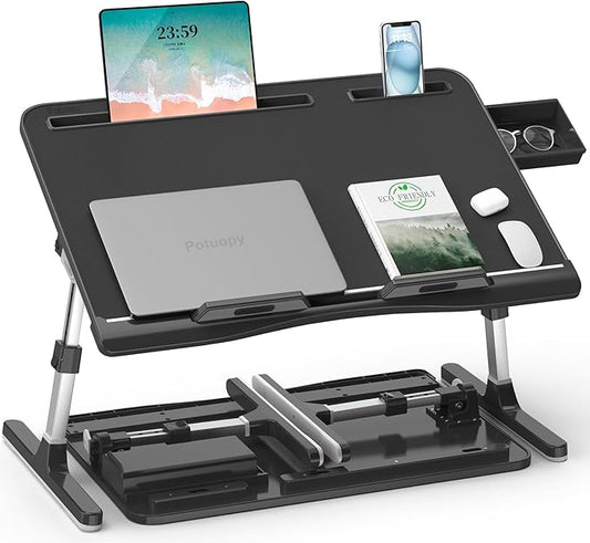 Laptop Bed Table, Potuopy Adjustable Leather Computer Lap Desk, Wide X-Large Folding Bed Desk Tray with Drawer on Couch Floor Bed for Writing Eating Drawing Working, Black