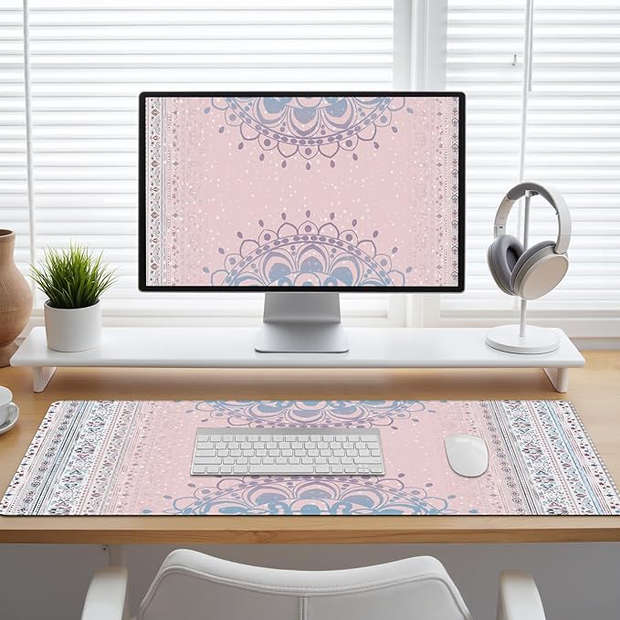 Pink Rug Desk Mat Retro, Large Desk Matt for Desktop, CuteDesk Pad Mat, XXL Big Mouse Pad, Anti-Slip Mousepad with Stitched Edges, Keyboard Pad MouseMat Cover for Computer 35.4×15.7 in