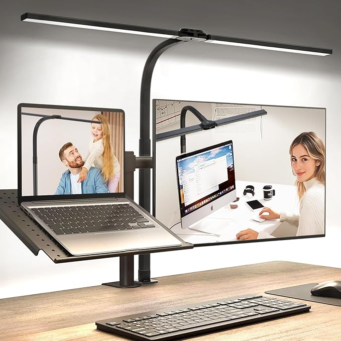 LED Desk Lamp for Home Office, Eye-Caring Desk Light with Clamp, Stepless Dimming 24W Double Head Architect Task Lamp with Remote Control, Flexible Gooseneck, for Working, Studying, Reading, Drafting
