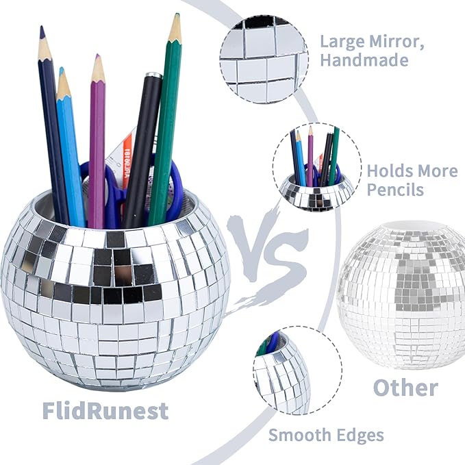 FlidRunest Disco Ball Pencil Pen Holder for Desk, Sequin Plastic Makeup Brush Holder Organizer, Disco Ball Desk Accessories Decor, Multifunctional Pencil Cup for Home Office Decoration