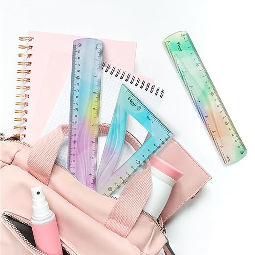 5 Pcs Flexible Rulers, 6inch 8inch 12inch Bendable Straight Ruler Triangle Ruler Protractor Soft Shatterproof Plastic Flexible Rulers with Centimeter and Inch Scales for School Classroom Office Home
