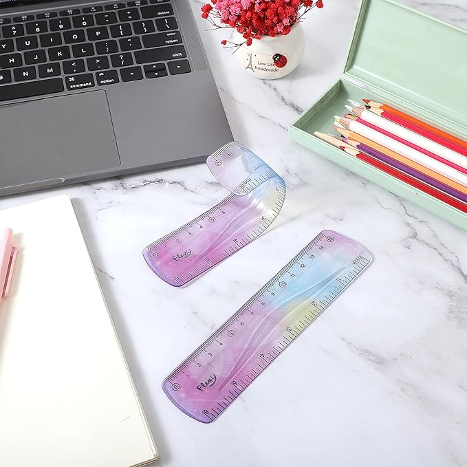 2Pcs Soft Flexible Ruler, Mabor 6Inch Bendable Ruler Plastic Bend Ruler with Centimeters and Inches Colorful Straight Ruler for Kids Student Home School Office Supplies