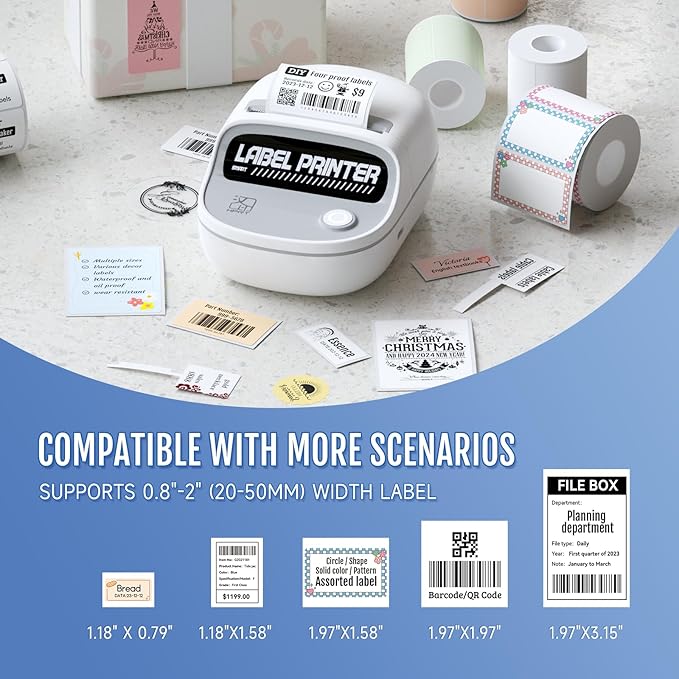 PRT T20 Label Maker Machine with Tape, RFID Auto Identification, Bluetooth Portable Label Printer for Office, Small Business, Home Organization, 2 Inch Thermal Printer Compatible with iPhone, White