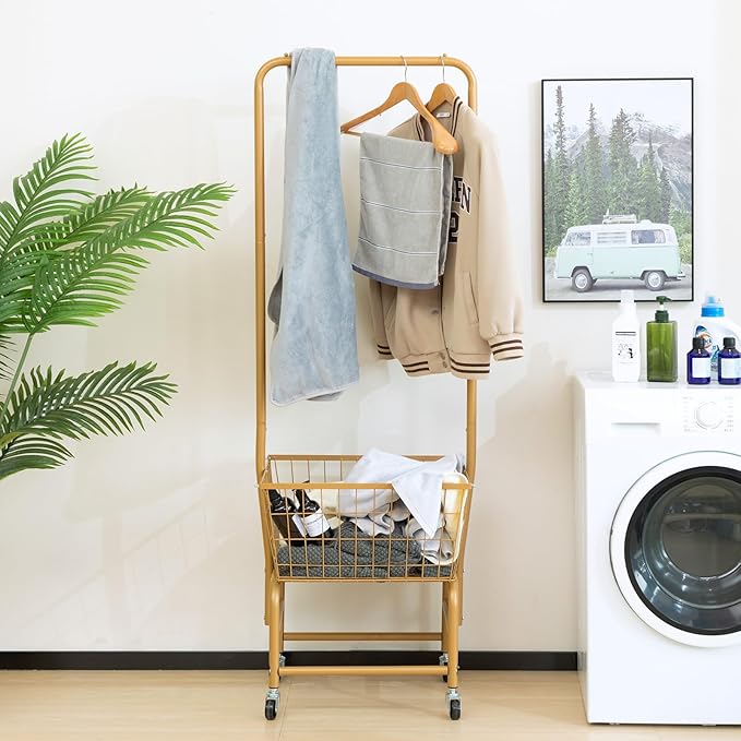 ALIMORDEN Laundry Cart with Clothes Rack, Rolling Laundry Butler with Wire Storage Rack，Gold