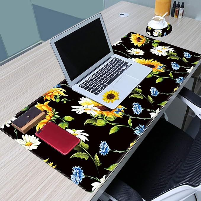 Large Gaming Mouse Pad with Stitched Edges, Desk Pad Protector, Computer Keyboard Mouse Mat Non-Slip Cute Desk Decor for Home/Office/Study Accessories+ Coaster, Sunflowers Daisy