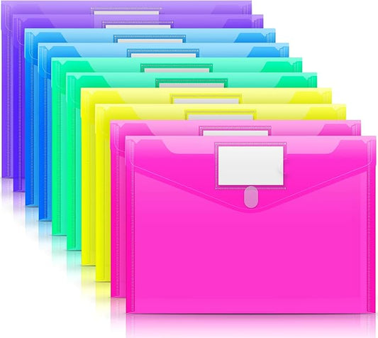 Sooez 10 Pack Plastic Envelopes Poly Envelopes, Clear Document Folders File Folders US Letter A4 Size File Folder with Label Pocket, Teacher School Office Supplies Organization Storage, Assorted Color