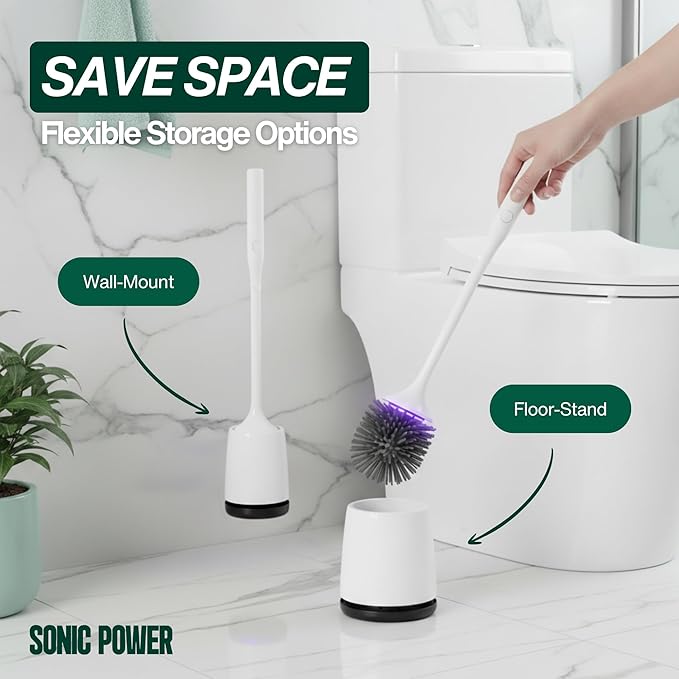 SonicPower Electric Toilet Brush & Scrubber – Self Cleaning Silicone Toilet Bowl Brush with UVC Light, Rechargeable Wireless Spinning Toilet Brush & Holder Set, Wall Mount or Floor Standing (2 Pack)