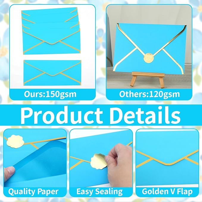 Business Envelopes with Gold Border 30 Pack #10 Envelopes Made of 150gsm Paper, Standard Envelopes with Gold Stickers for Office, Checks, Letter Mailing,9.45 x 4.13 Inches(Lake blue)