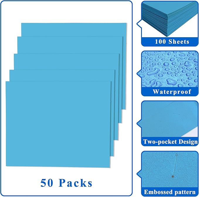 Zzrywuty File Folders with Pockets Letter Size, 50-Pack Paper Folders with Card Slot, Two Pocket Folders for School Students, Businessmen, Home and Office Workers（Light Blue）