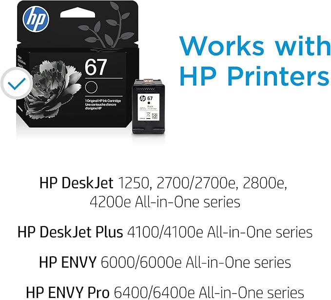 HP 67 Black Ink Cartridge for HP Printers, Works with DeskJet 1255, 2700, 4100 and ENVY 6000, 6400 Series, Eligible for Instant Ink, 3YM56AN | Packaging May Vary