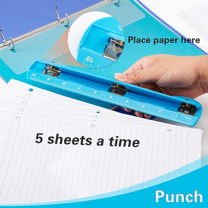 WorkLion Hole Puncher 3 Ring – Blue Portable Metal Hole Punch Single for Binder, 5 Sheet Capacity
