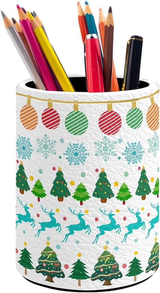 Christmas Pen Holder Pencil Organizer Cute Pencil Cup Desk Decor Makeup Brush Holder PU Multifunctional Office Suppliesfor Home Classroom School