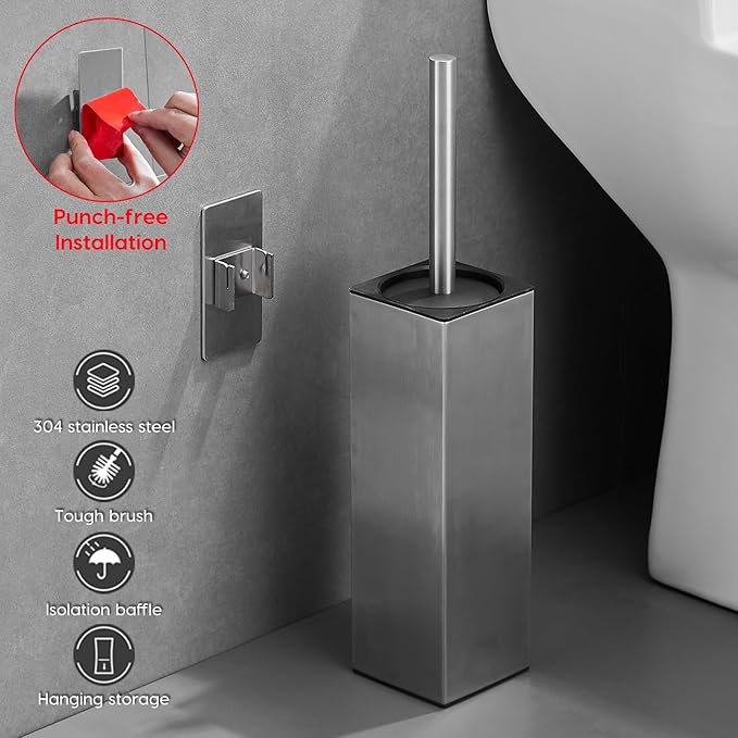 Brushed Gold Stainless Steel Toilet Brush, Square No-Punch Hook Base Toilet Brush Holder Removable Inner Bucket and Splash Proof Cover - Soft Bristles (Non-Drill Square Plastic caps Brushed)