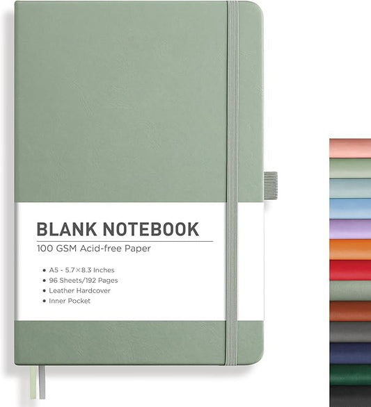 RETTACY Blank Journal Notebook, 192 Pages, A5 Medium Size (5.7'' x 8.3''), Leather Hardcover, 100 GSM Thick Paper, for Sketching, Drawing, Painting (Sage Green)