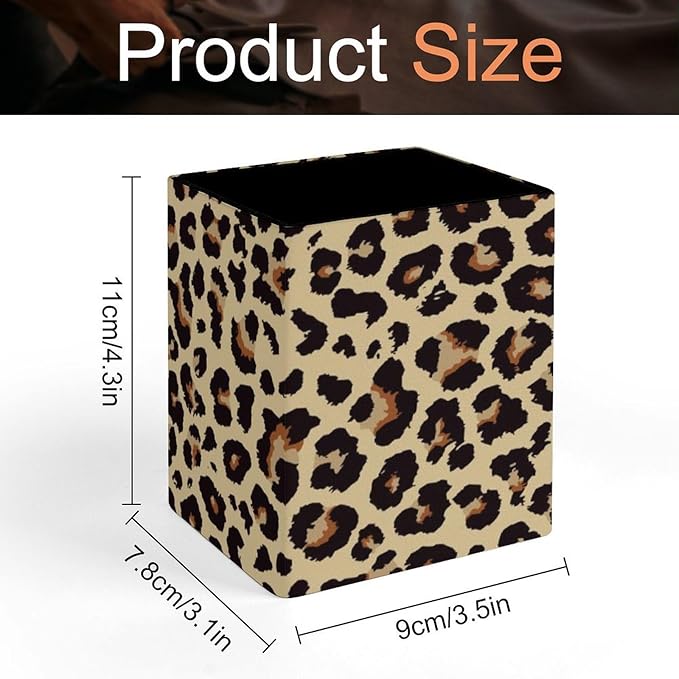 Square Pen Holder & Pencil Organizer for Desk - Office Storage Organizer, Markers/Makeup Brushes/Scissors Holder, Compact Desk Decor Accessories for Home Classroom School(Leopard grain)
