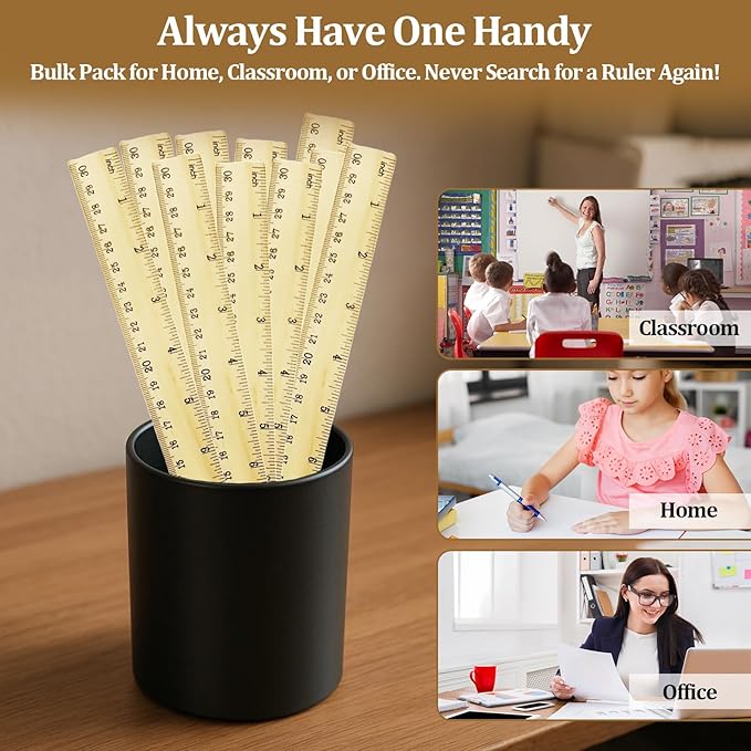 Wooden Ruler 12 Inch Bulk Dual-Sided Inches & Metric Measuring Stick for Classroom, Office, School for Teachers, Students, Artists (10 Pack)