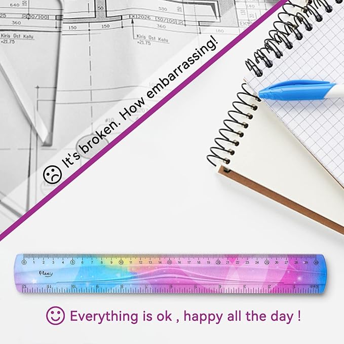 Grevosea 2-Piece 30cm/12inch Flexible Shatterproof Plastic Ruler - Colorful, Bendable, Straight Edge - Ideal for Kids & Adults, School, Home, Office