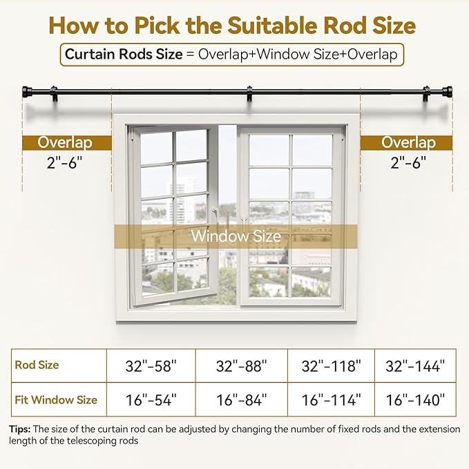 Curtain Rod 32-144 Inch, Heavy Duty 1 Inch Adjustable Curtain Rods for Windows, Black Extra Long Window Treatment Rods, Modern Design, Easy Installation
