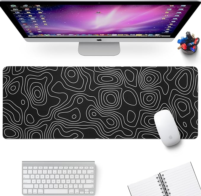 Black Topography Contour Gaming Mouse Pad Large Anime Topographic Map Mousepad Extended Mouse Pad Gaming Big Desk Pad Keyboard Pad with Stitched Edge Non-Slip Rubber Base