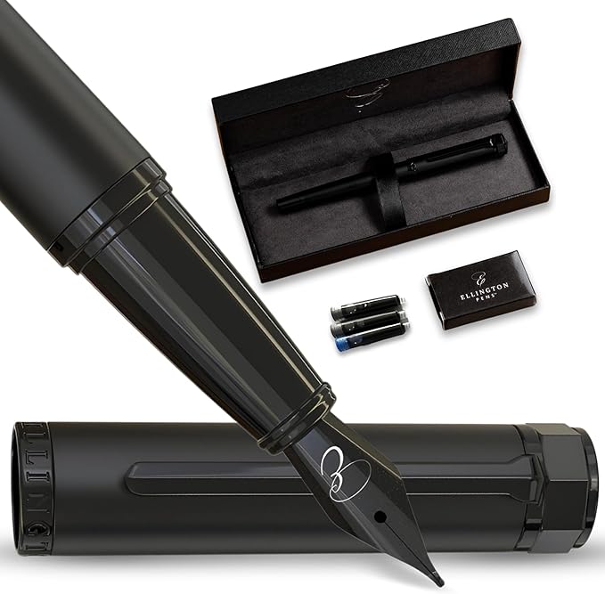 Ellington Pens Luxury Fountain Pen Set - Smooth Medium Nib - Includes 3 Ink Cartridges, Refillable Ink Converter, Gift Box - Fountain Pens For Writing, Calligraphy, Journaling, Sketching (The Stealth)