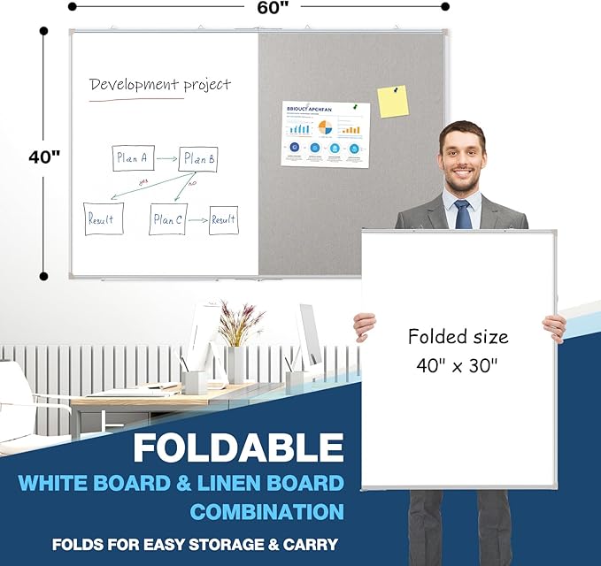 Large White Board Dry Erase Foldable Bulletin Board Combo, 60" x 40" Double Sided Dry Erase Board for Wall, Magnetic Whiteboard Bulletin Board with Linen for Office, Home, School, Kitchen -Gray