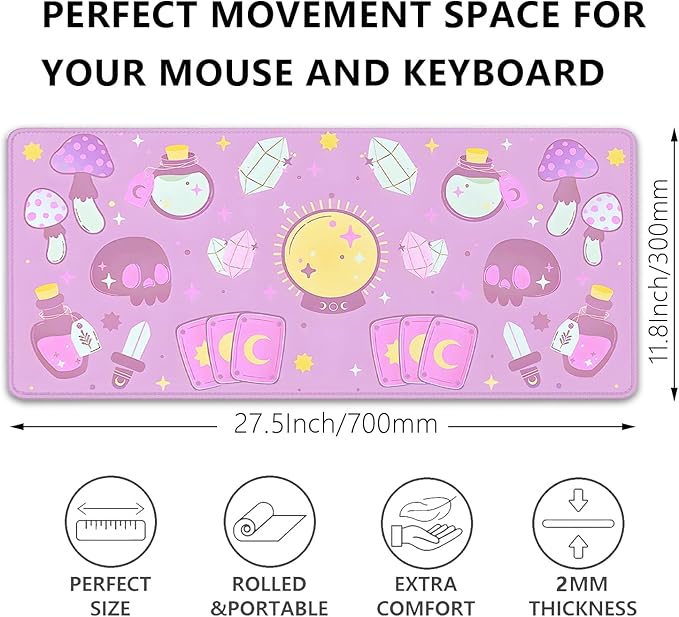 Kawaii Purple Desk Mat,Desktop Mat for Cute Witchy Elements Mouse Pad,Extended Keyboard Mousepad Large for Computer Laptop,Mouse Pad for Girl Women Gamer Desk Decor(27.5X11.8 in)