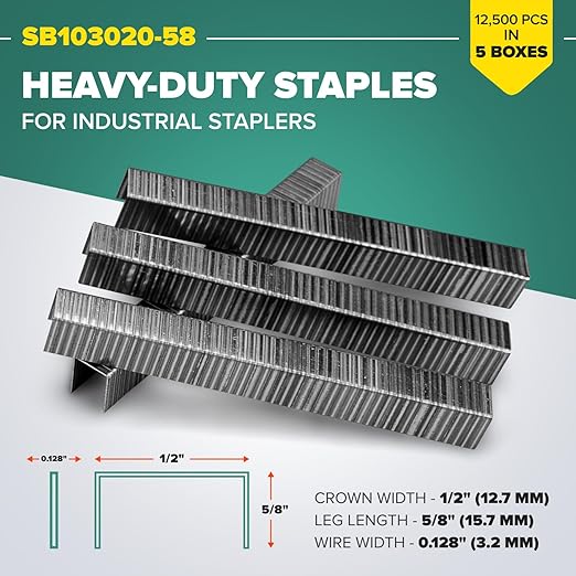 IDL Packaging Heavy Duty Staples for Pneumatic Stapling Plier SP50-10B-A, 1/2" x 5/8" x 0.128" (5 Boxes, 12500 pcs) - High-Tensile Stainless Steel for Industrial Staplers
