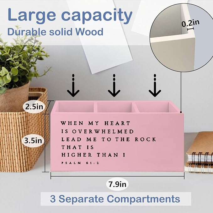 SNNDER Inspirational Christian Pen Holder for Desk, Christian Religious Gifts for Women Men, Psalm 61:2 Bible Verses Wooden Pen Pencil Holder Organizer for Home Office Desk Accessories(PINK)