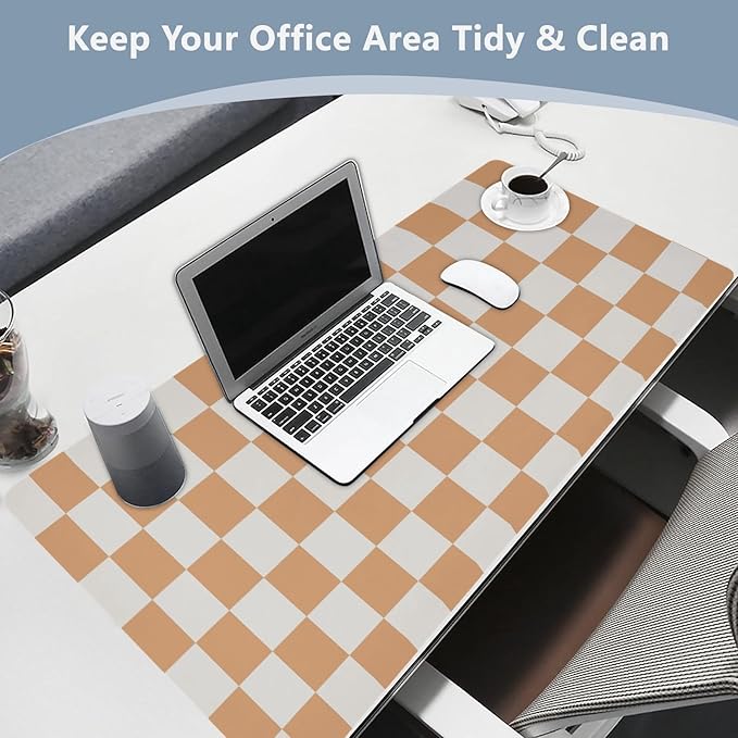 Mouse Pad Desk Mat Leather Desk Pad Large Gaming Desk Cover Protector Mat for Keyboard Computer Laptop Office Waterproof 35.4 x 16.5 Inch Checkered Orange and White