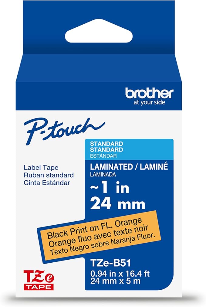 Brother Genuine P-Touch TZe Black Print on Fluorescent Orange Label Tape (TZeB51), Laminated,1in x 16.4ft (24mm x 5m), for Select P-Touch Label Makers, Durable, Water-Resistant, Indoor/Outdoor Use