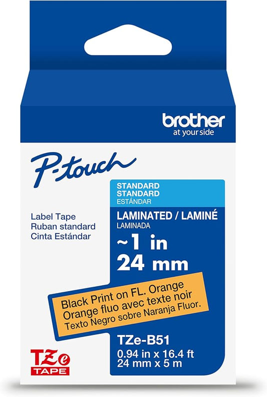 Brother Genuine P-Touch TZe Black Print on Fluorescent Orange Label Tape (TZeB51), Laminated,1in x 16.4ft (24mm x 5m), for Select P-Touch Label Makers, Durable, Water-Resistant, Indoor/Outdoor Use