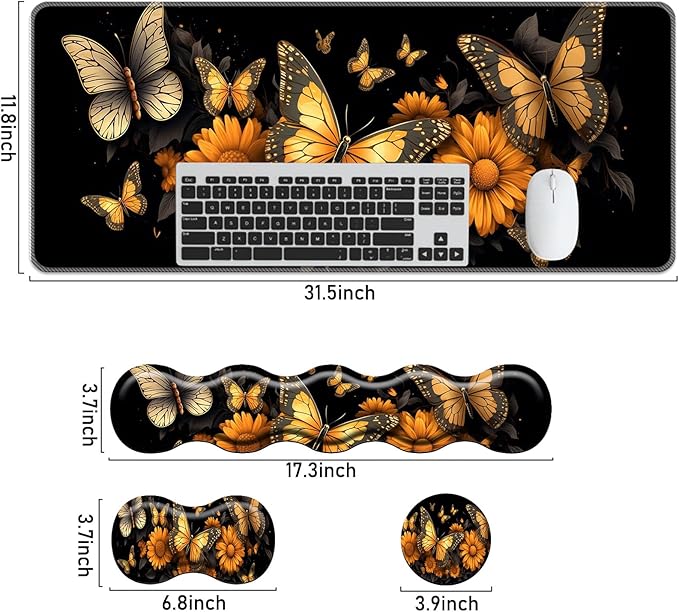 Keyboard Mouse Pad Set,Large Mouse Pad+Keyboard Wrist Rest+Wrist Support+Coaster,31.5x11.8in Extended Desk Mat for Computer Laptop Office Home- Flower Butterfly