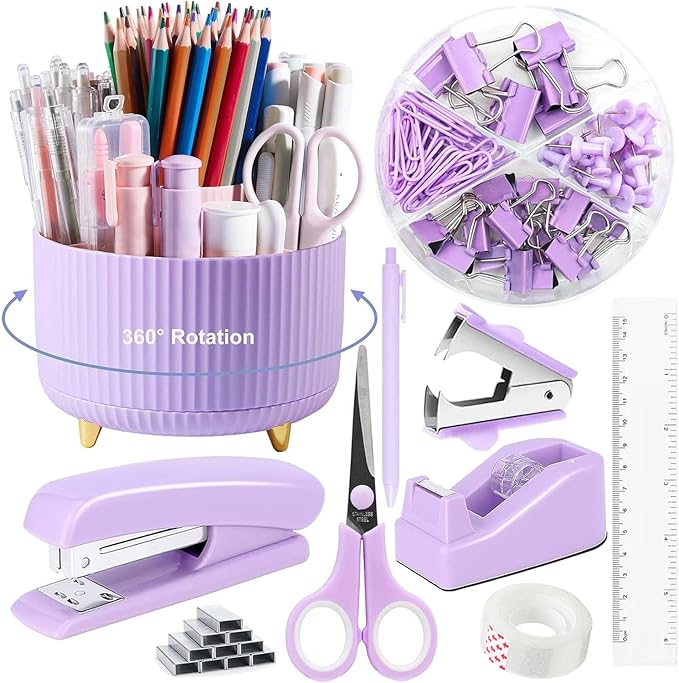 10pcs Purple Office Accessories for Women, Office Supplies Set, Desk Organizers with 360° Pen Holder, Stapler, Staple Remover, Tape, Tape Dispenser, Scissor, Ruler, Pen, Gift for School Home Office