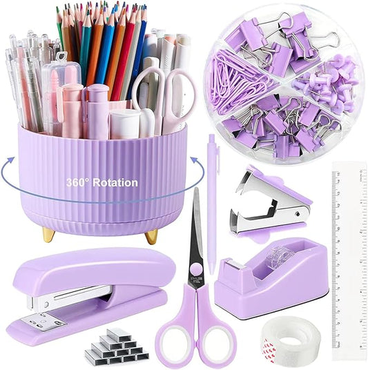 10pcs Purple Office Accessories for Women, Office Supplies Set, Desk Organizers with 360° Pen Holder, Stapler, Staple Remover, Tape, Tape Dispenser, Scissor, Ruler, Pen, Gift for School Home Office