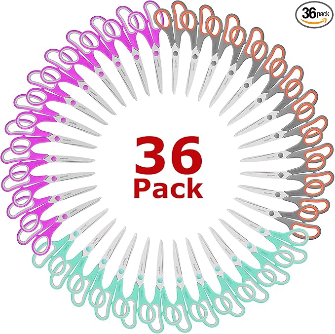 8 '' Multipurpose Heavy Duty Scissors Bulk 36-Pack, 2.5mm Thickness Ultra Sharp Blade Shears with Comfort-Grip Handles for Household School Office Supplies, Right/Left Hand Tools