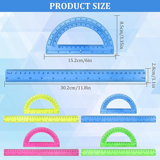 8pcs 6in Plastic Protractor with 12in Plastic Ruler Set,Clear Protractor Clear Ruler Math Geometry Protractor Ruler Set Student Classroom Protractor with Ruler,Transparent Protractor for School